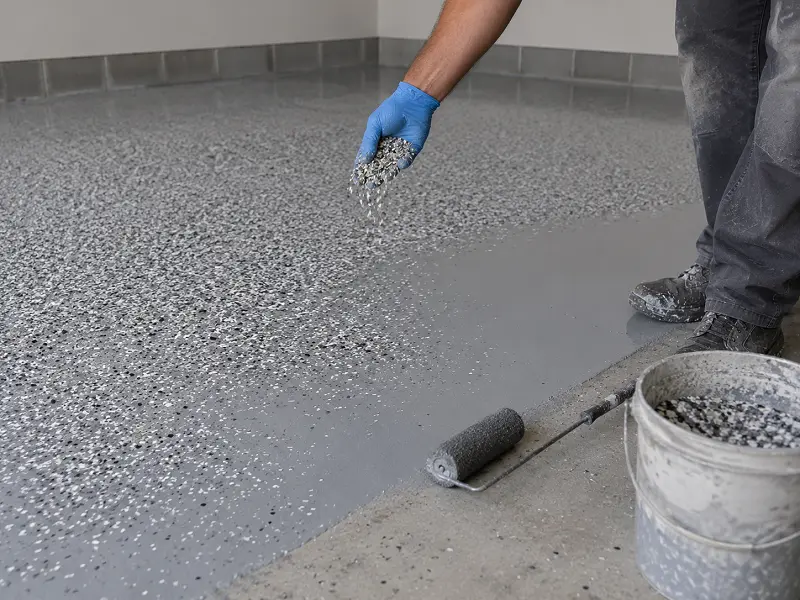 Applying epoxy flake coating to a garage floor in Dubai