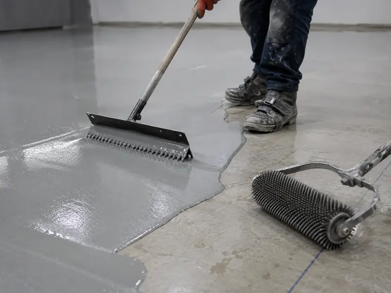 Applying epoxy resin floor coating in Dubai