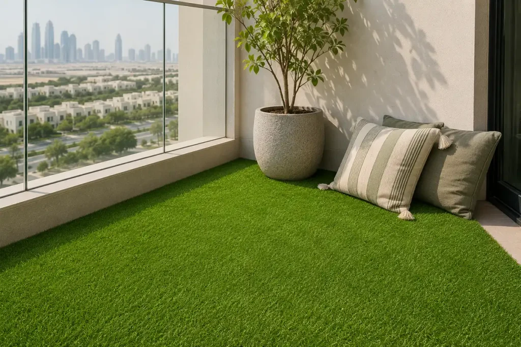 Artificial grass corner on a UAE balcony with a seating area