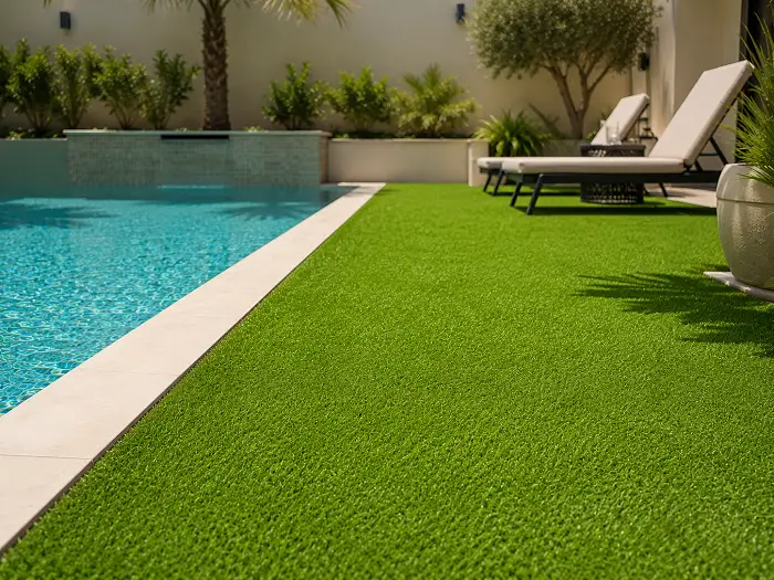 Artificial grass around a pool surround