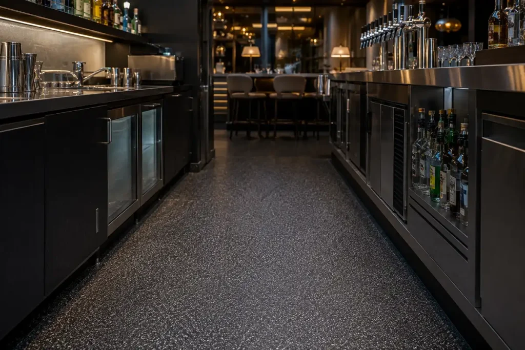 Restaurant bar and servery area with a slip-resistant resin floor behind the counter