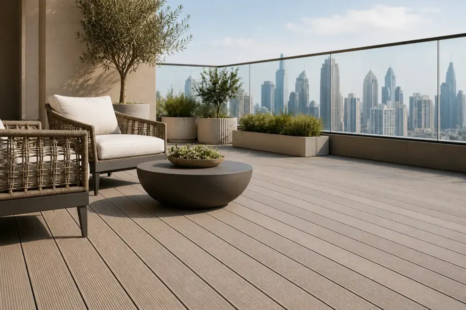 Modern UAE balcony with light composite decking in the sun