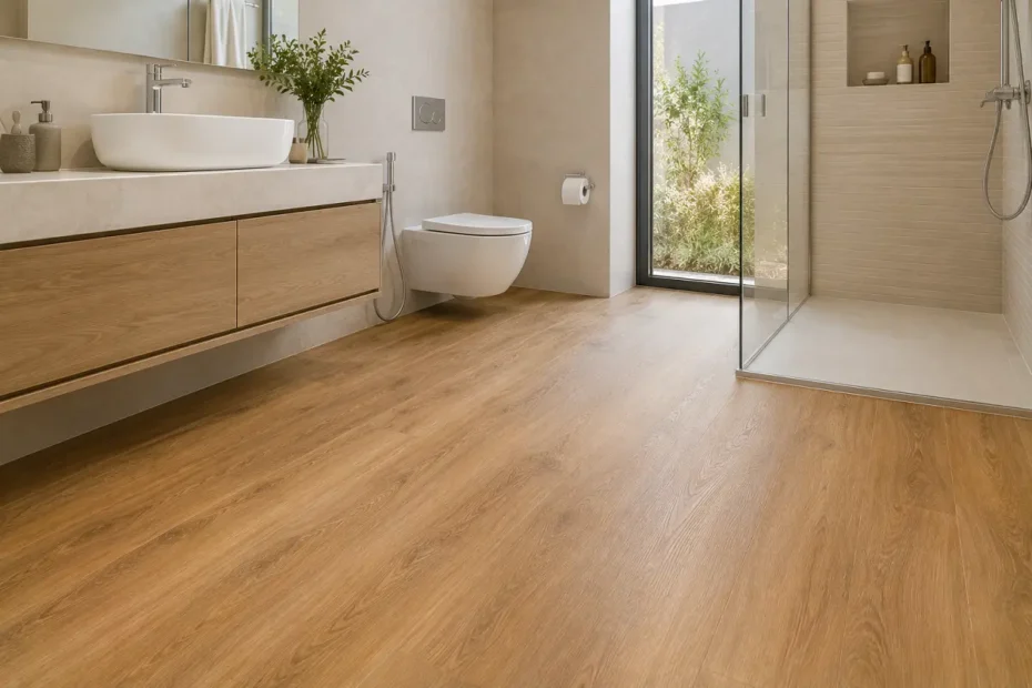Modern UAE bathroom with waterproof wood-look vinyl plank flooring
