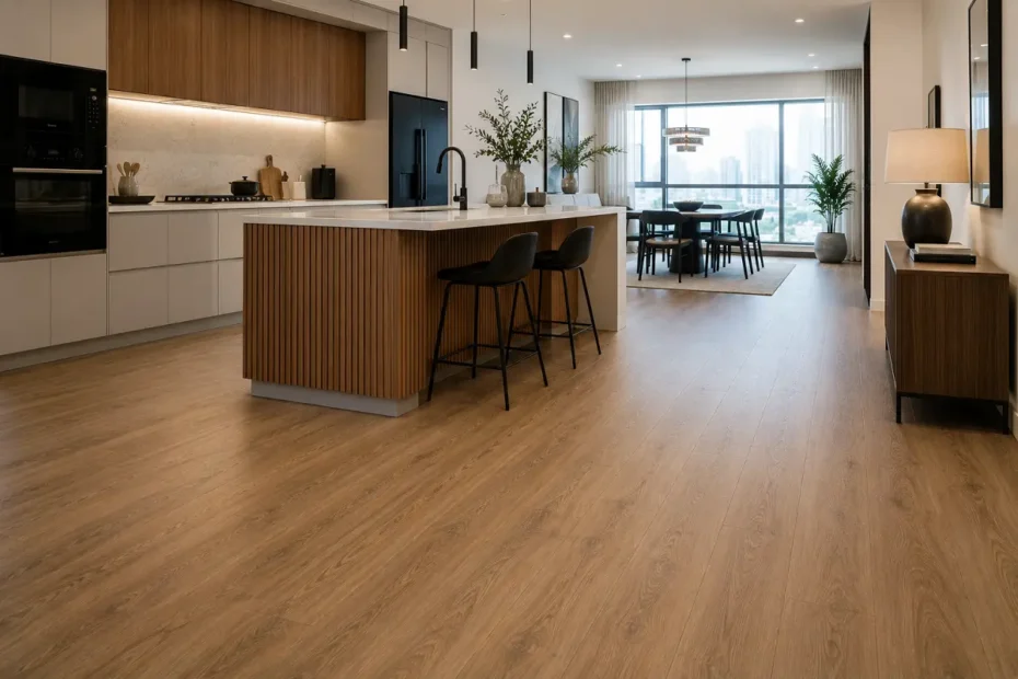 Modern UAE kitchen with warm wood-look vinyl plank flooring