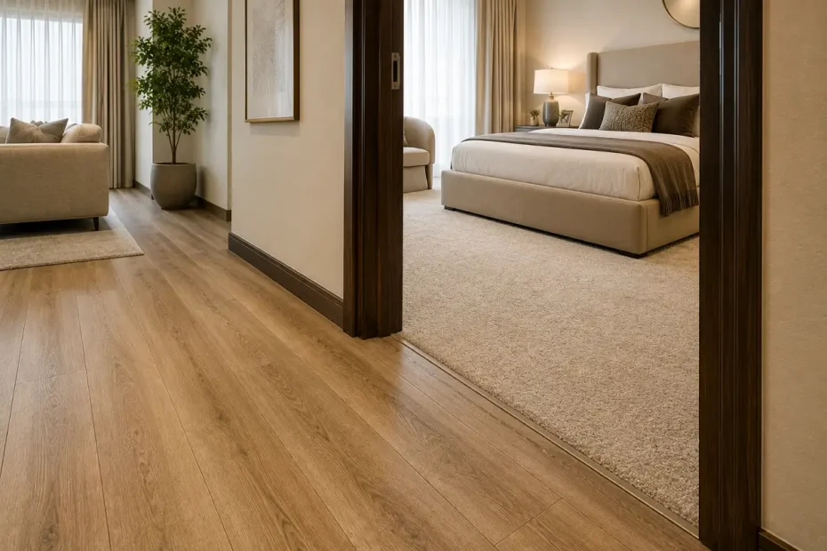 Vinyl living floor meeting soft carpet through a doorway in a UAE home
