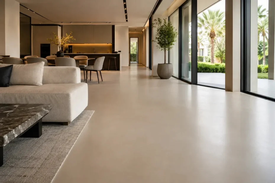 Continuous poured resin floor in a modern UAE villa living space