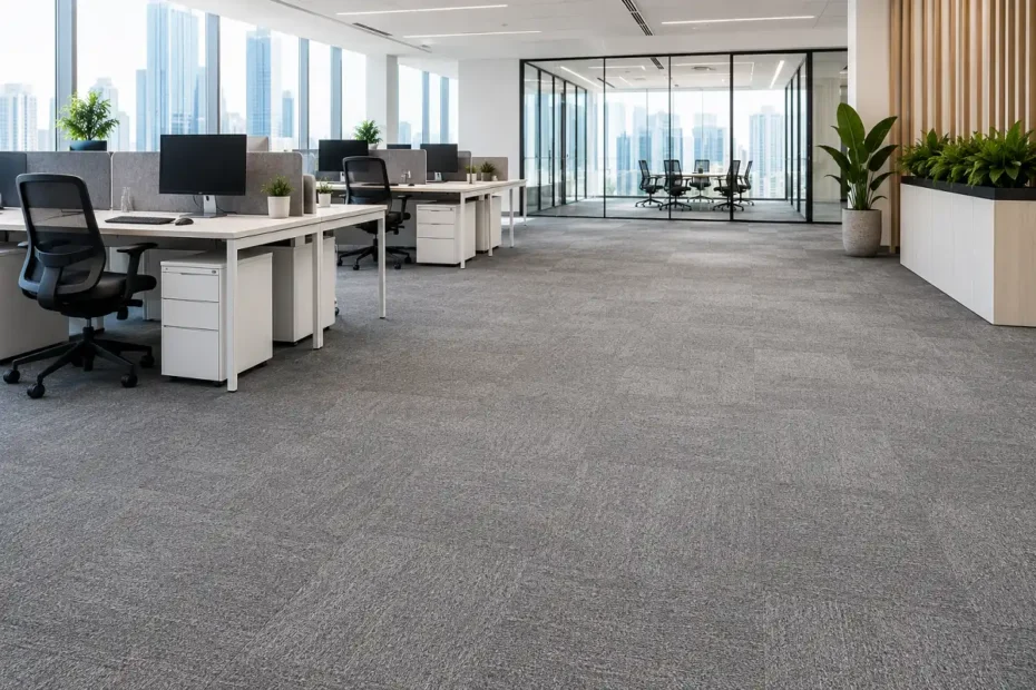 Modern open-plan Dubai office with commercial carpet tile flooring