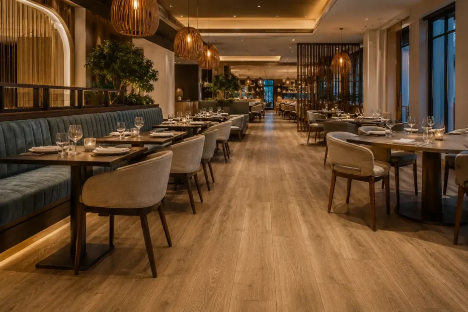 Modern UAE restaurant dining interior with a durable wood-look vinyl floor