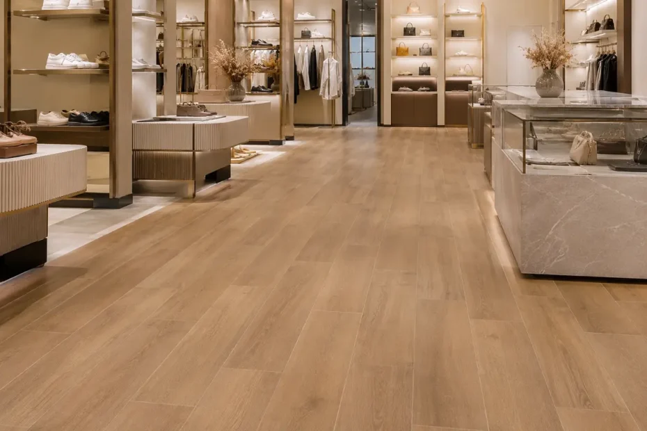 Modern UAE retail store with a commercial wood-look LVT sales floor