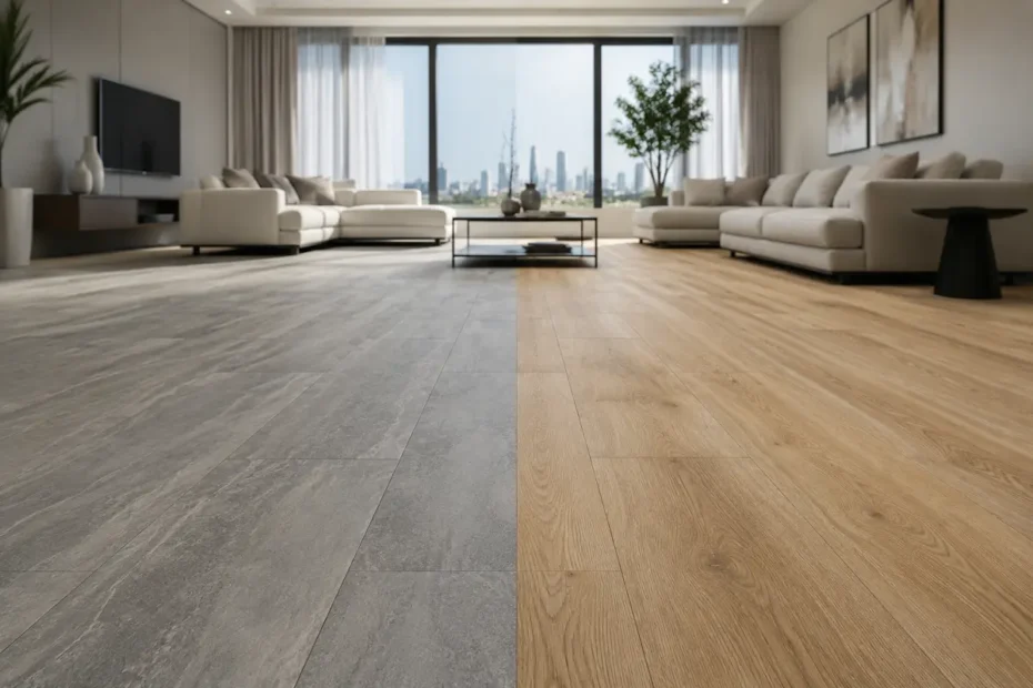 SPC vs LVT flooring compared side by side in a modern UAE living room