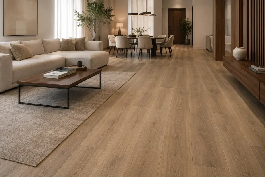 Rigid waterproof vinyl wood-look floor in a modern UAE living space