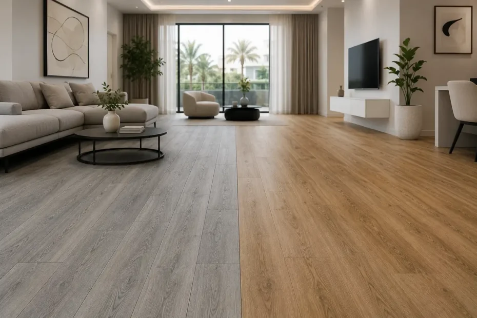 Vinyl and laminate wood-look flooring compared side by side in a UAE home