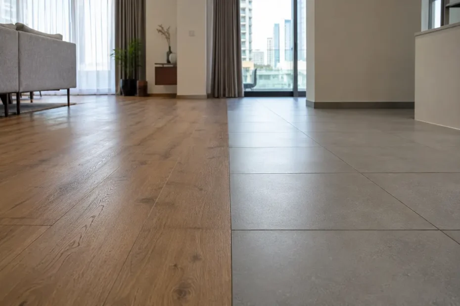 Wood-look vinyl flooring next to tiled flooring compared in a Dubai home