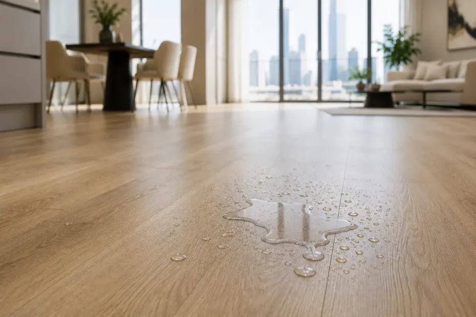 Water sitting on a waterproof vinyl floor in a bright modern UAE home