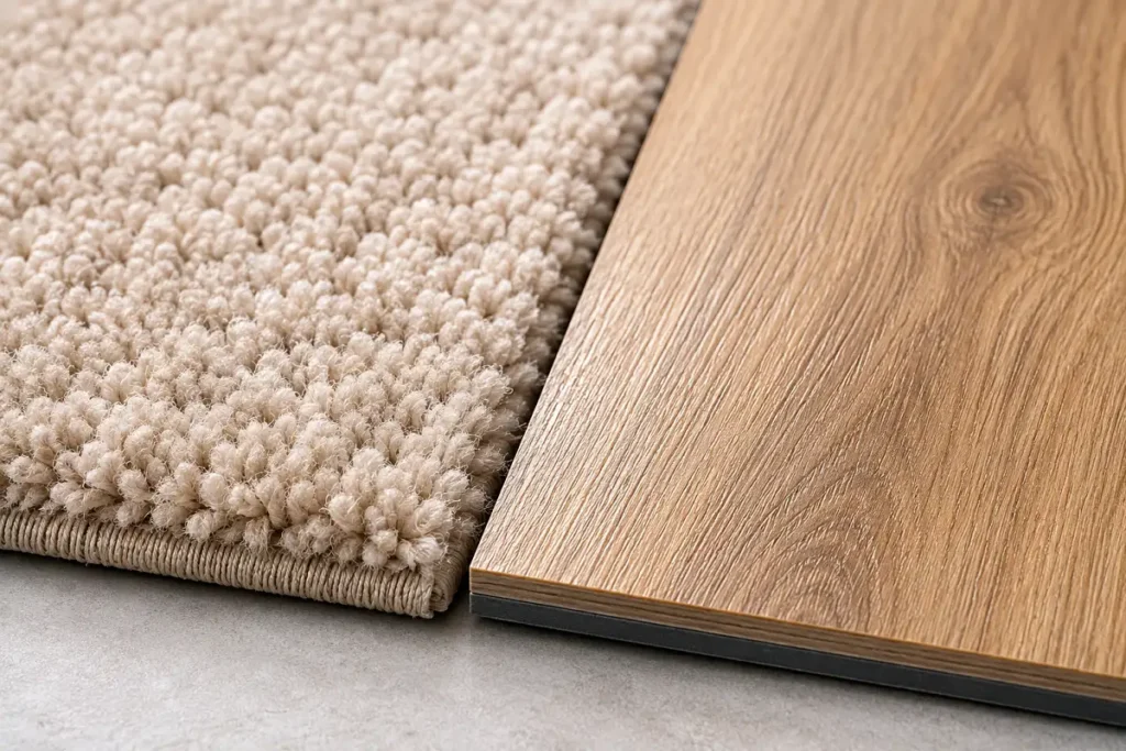 Soft carpet swatch beside a hard wood-look vinyl plank, shown side by side