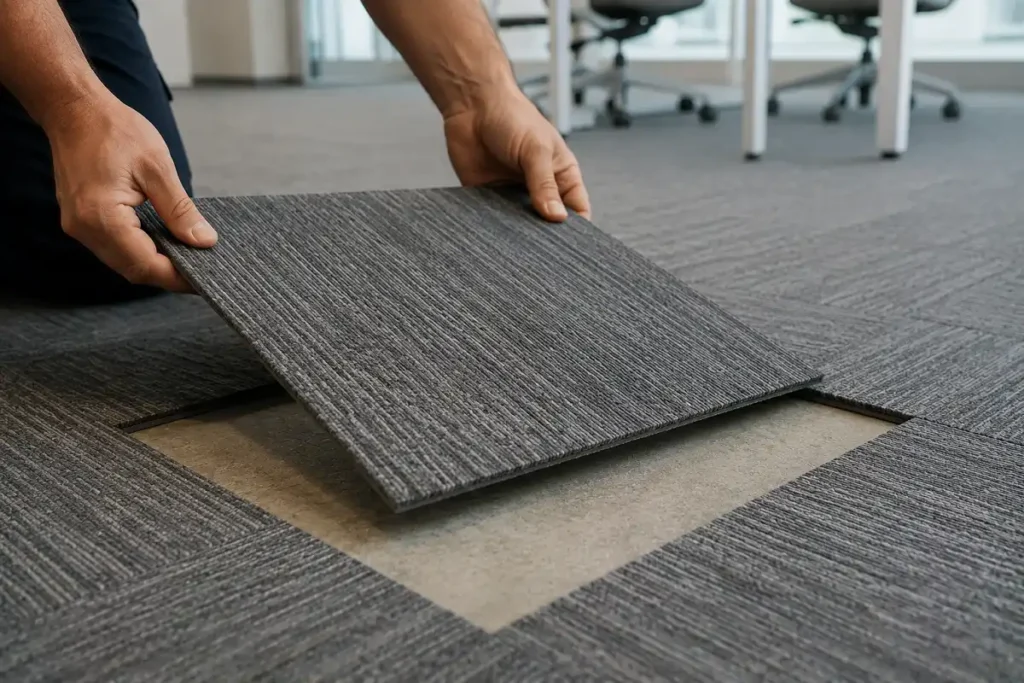 Single office carpet tile being lifted out to show it can be replaced individually