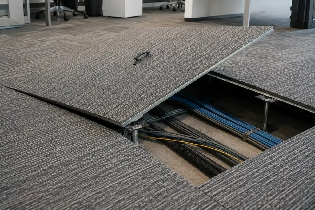 Office carpet tile lifted to reveal cabling in the raised access floor below