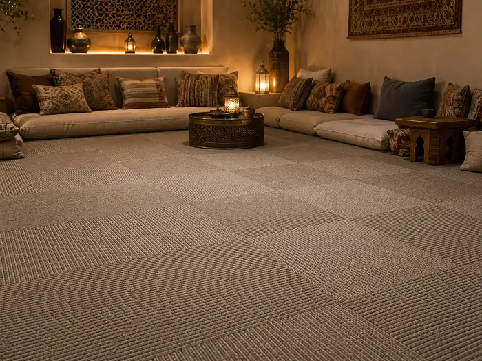 Carpet tiles in a basement majlis