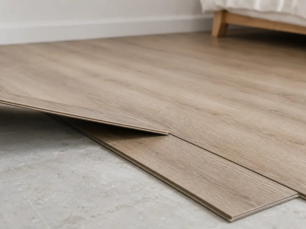 Click-fit vinyl planks being laid in a bedroom