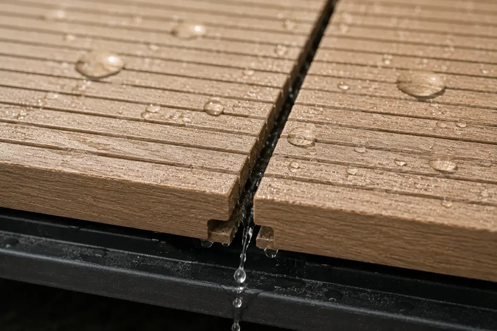 Close-up of grooved composite decking boards with a drainage gap between them