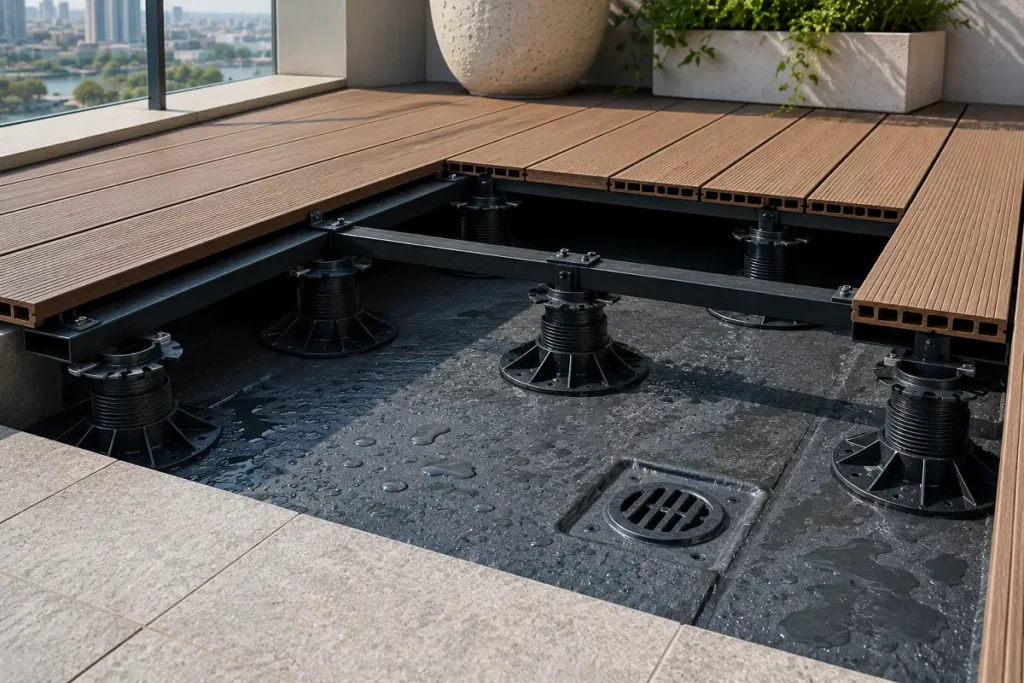 Composite decking raised on pedestals above a balcony waterproofing membrane
