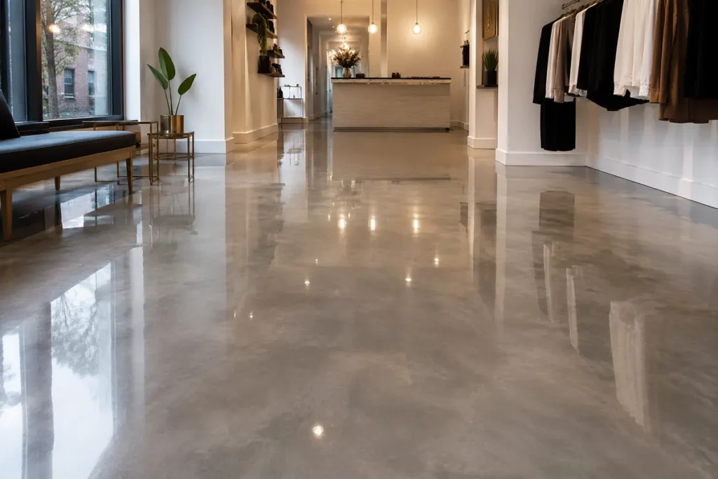 Glossy decorative epoxy resin floor in a contemporary interior