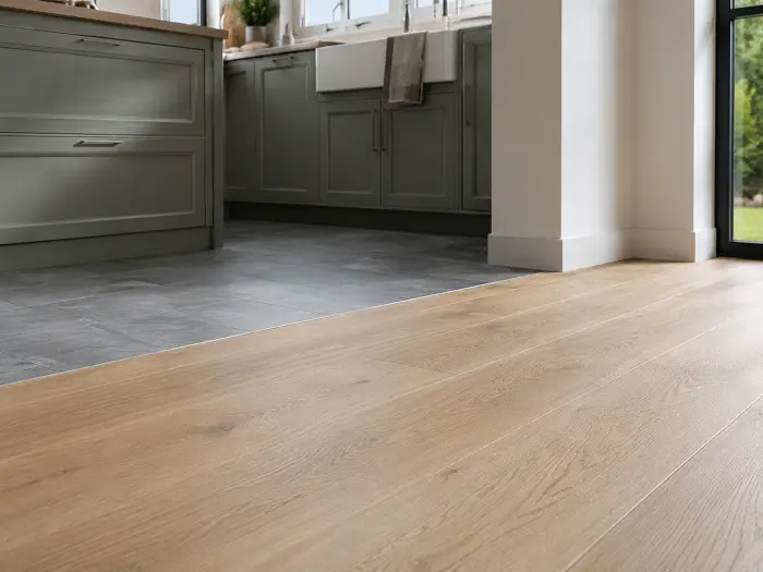 Engineered wood flooring used with care near a kitchen