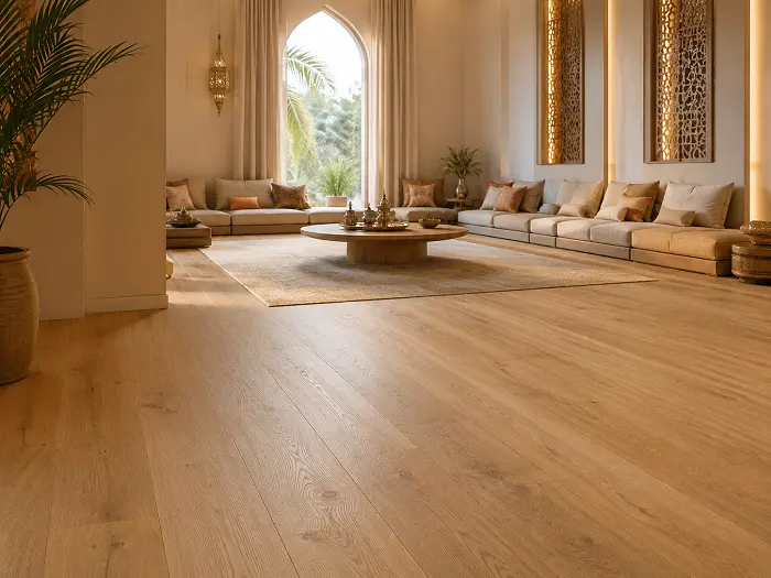 Engineered wood flooring in a living room and majlis