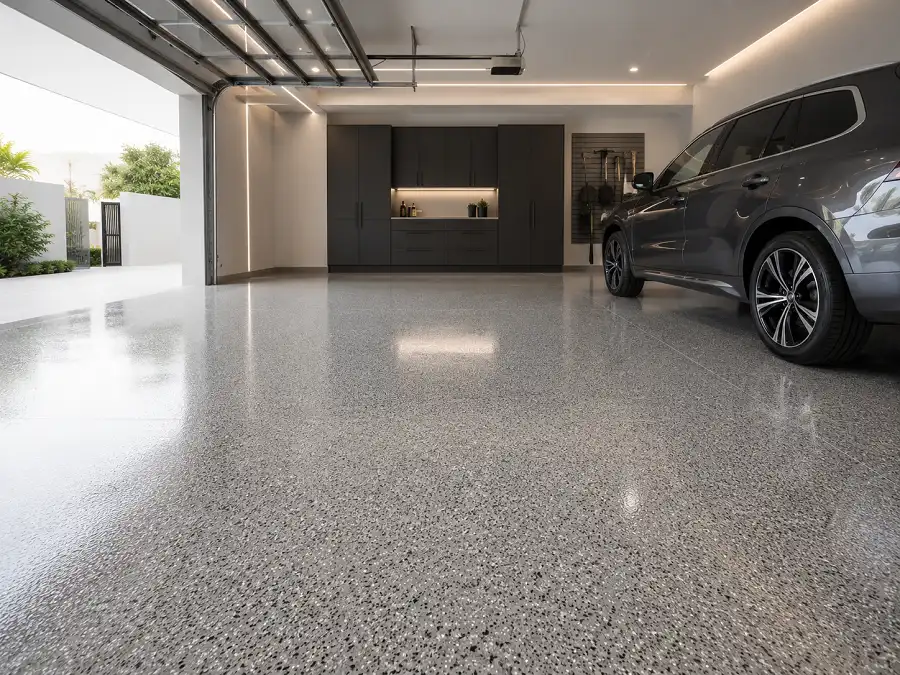 Epoxy flake garage floor in a Dubai villa garage