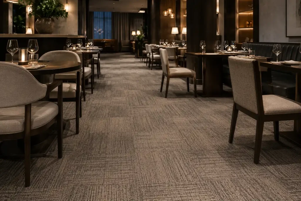 Fine-dining restaurant zone with acoustic carpet tiles for a quieter room