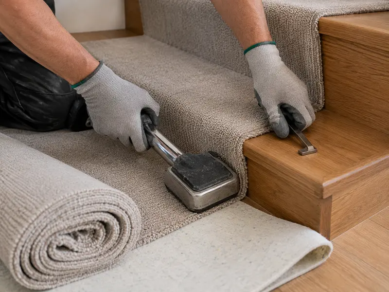 Fitter installing a carpet stair runner in Dubai