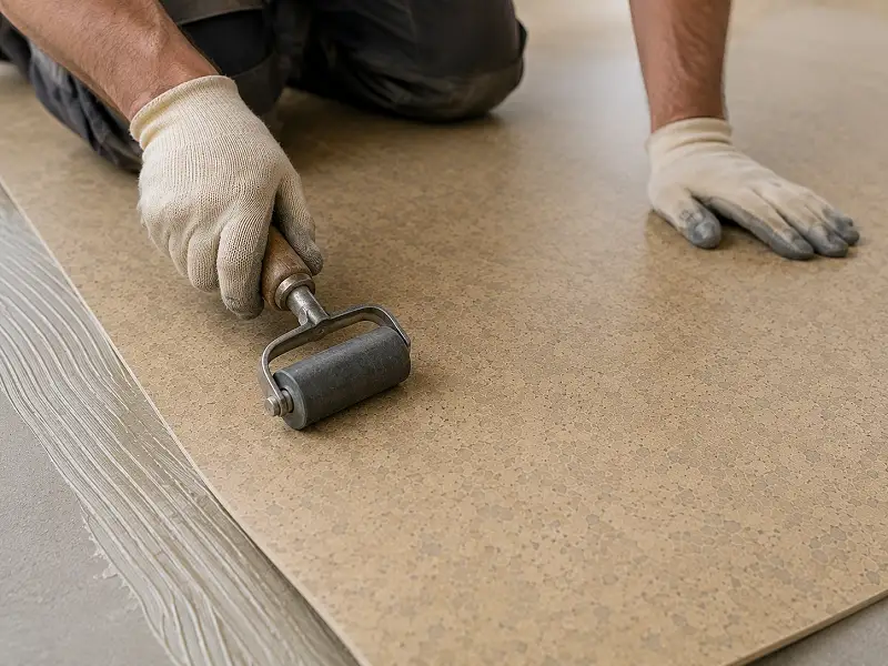 Fitter installing natural linoleum flooring in Dubai