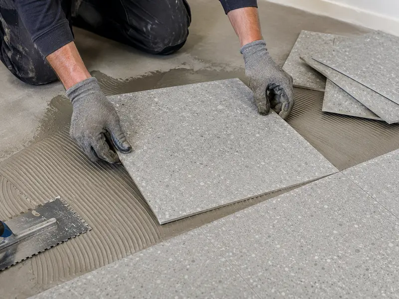 Fitter installing VCT vinyl composition tile in Dubai