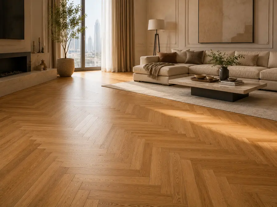 Herringbone parquet flooring in a Dubai living room