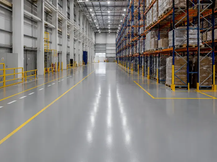 Industrial epoxy flooring in a warehouse