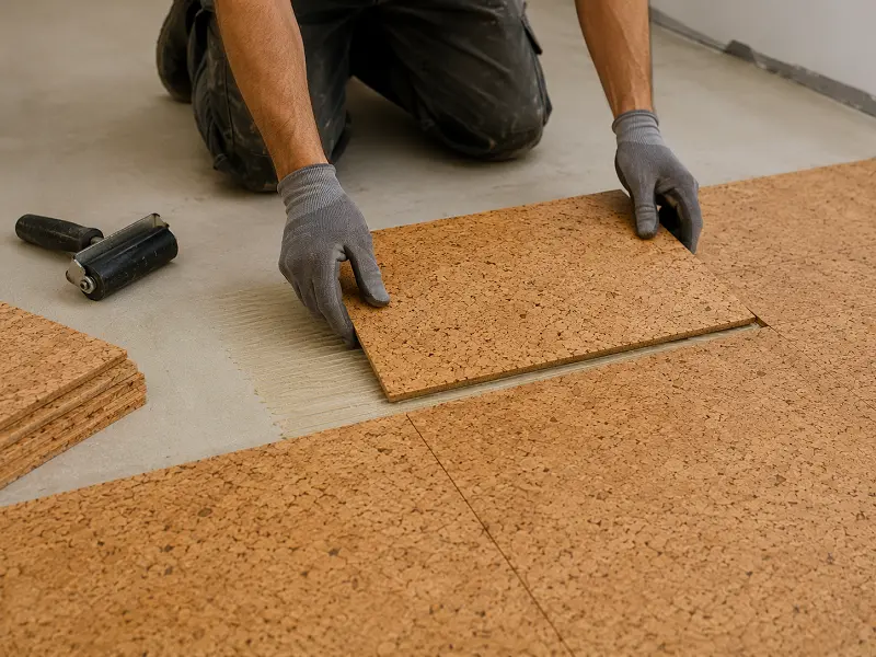Installer fitting cork flooring in Dubai
