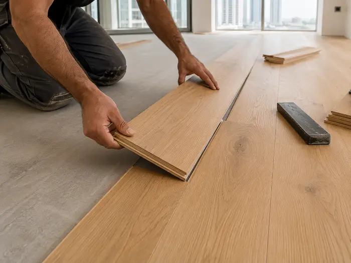 Installer fitting engineered wood flooring in Dubai