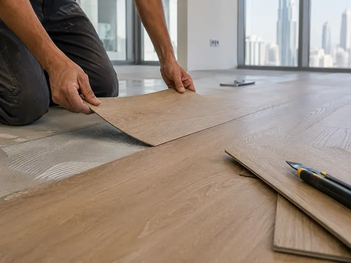 Installer fitting LVT flooring in Dubai