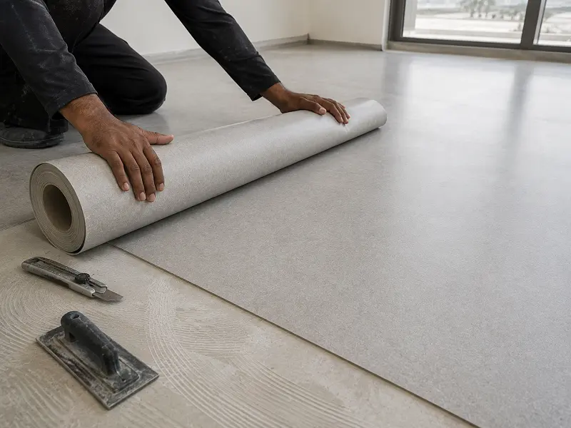 Installer fitting PVC sheet flooring in Dubai