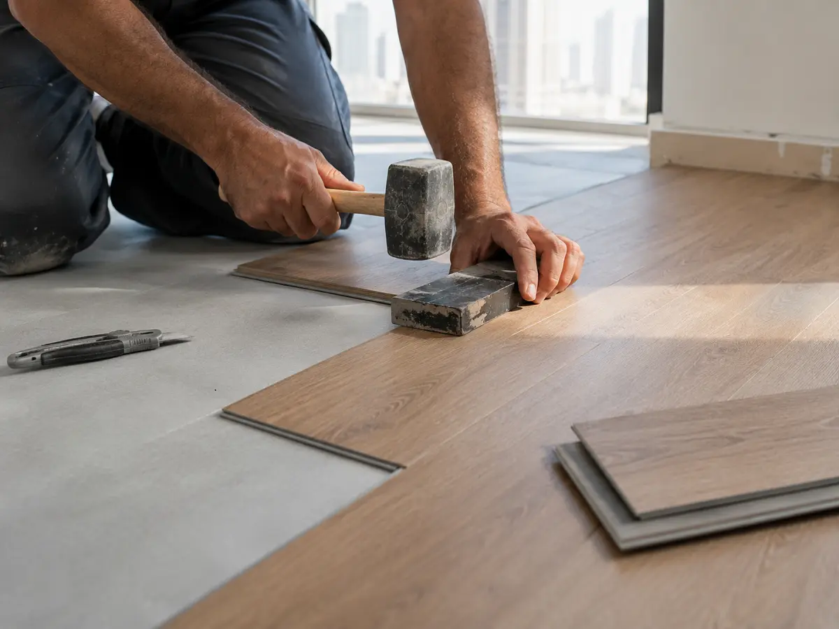 Installer click-fitting a vinyl plank floor in a Dubai apartment