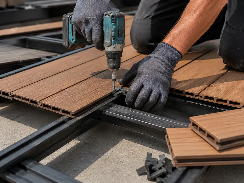 Installer fitting WPC composite decking in Dubai