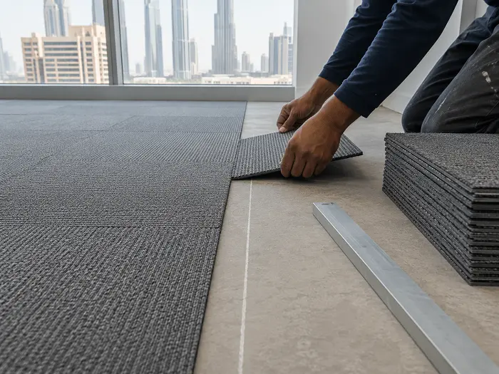 Installer laying carpet tiles in Dubai