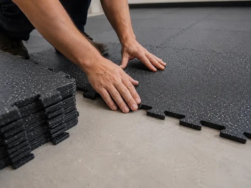 Installer laying interlocking rubber tiles in Dubai
