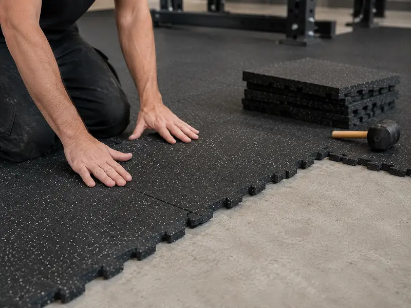 Installer laying rubber gym flooring in Dubai