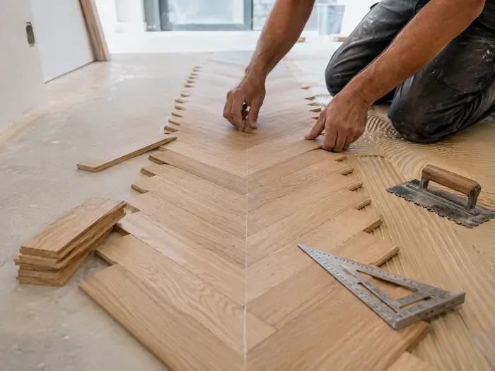 Installer setting out herringbone parquet in Dubai