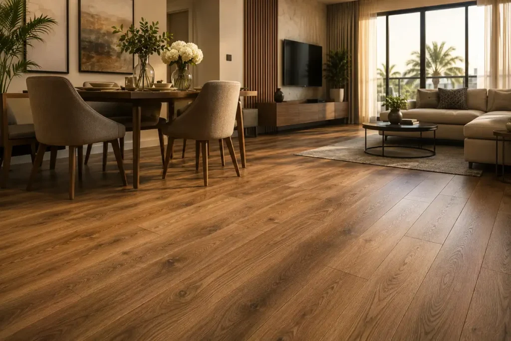 Warm, authentic wood-look laminate flooring in a dry UAE living and dining room