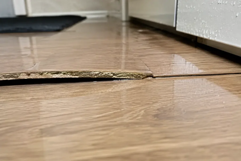 Laminate flooring swollen and lifting at the seam after water damage in a kitchen