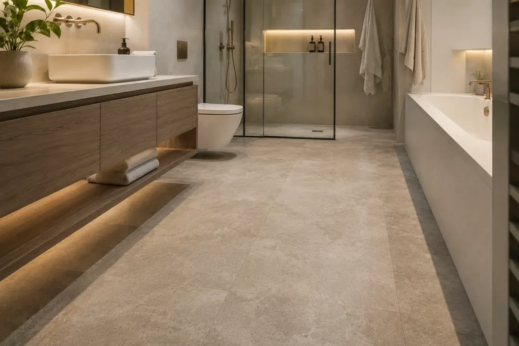 Design-led UAE bathroom with realistic stone-look LVT vinyl flooring