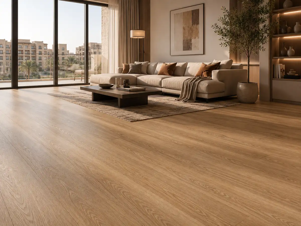 LVT wood-look flooring in a Dubai living room