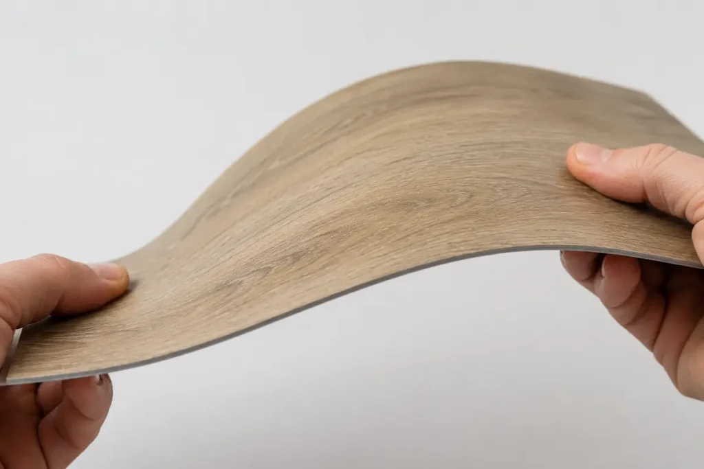 LVT flooring plank flexing to show its soft, flexible PVC core
